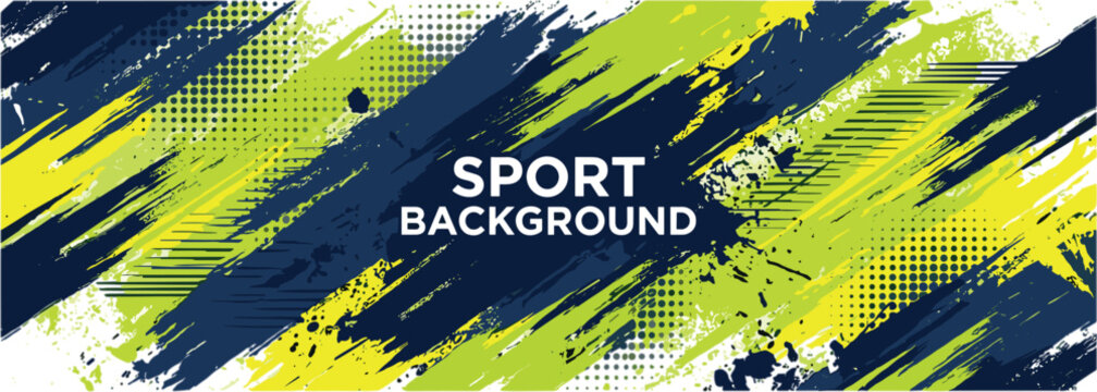 Abstract Dynamic Sport Background Banner Vector with Neon Green and Navy Blue Paint Brush Strokes Halftone Patterns and Splatter Textures for Athletic Apparel Design