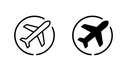 Airplane in circle icon set with flight path symbol in outline and solid black styles for travel navigation and aviation web buttons. © Iqrabatool