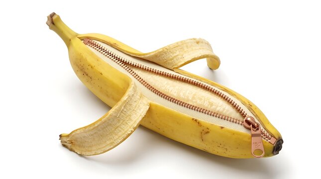 Genetically modified organism concept showing unzipped banana revealing artificial food science