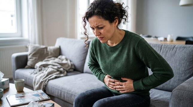 Woman holding her stomach with abdominal pain