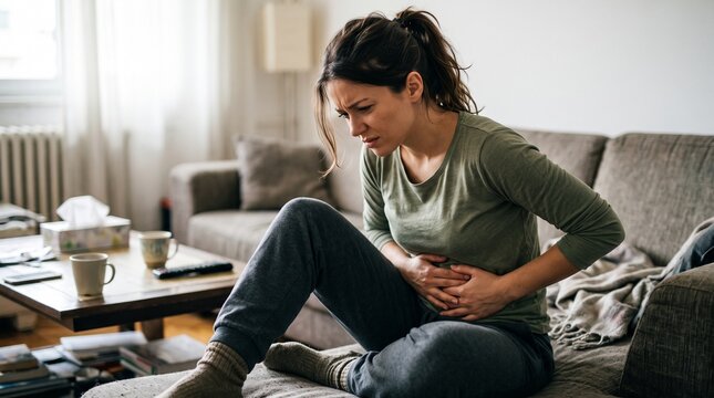 Woman holding her stomach with abdominal pain
