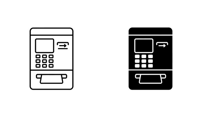 Atm machine icons set with card slot and keypad for financial banking services.