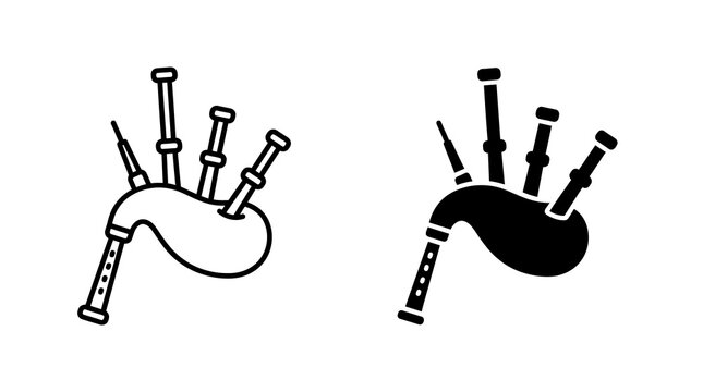 Bagpipes musical instrument icon set with black and outline design for traditional scottish music and festival projects.