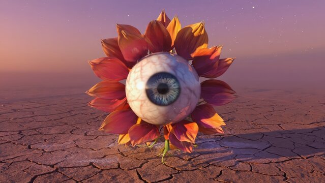 Surreal Eye Bloom: A Single Human Eye Integrated into a Vibrant Orange and Red Flower Growing on Cracked Earth Landscape.