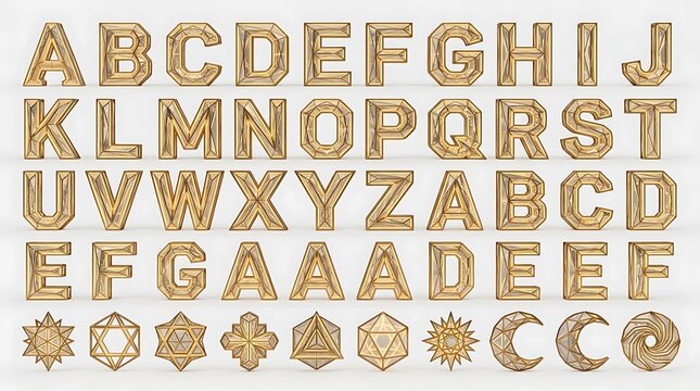 Digital illustration grid of three-dimensional gold beveled alphabet letters, repeating character sets, and intricate geometric star and celestial symbols against a clean white background[cite: 17].