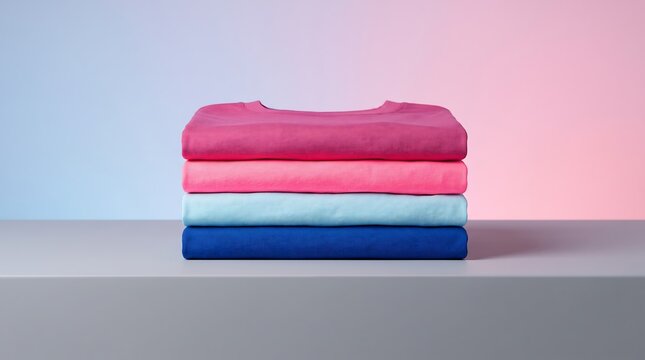 Neat stack of folded colorful blank t shirts on gray shelf against pastel blue and pink gradient background