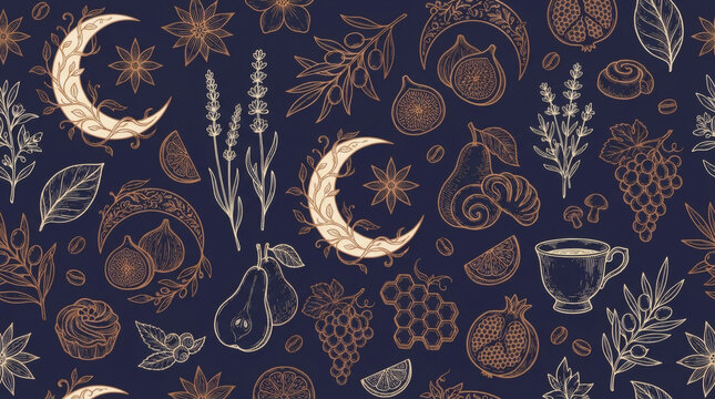 Seamless celestial pattern with crescent moons, stars, botanical herbs, and autumn elements on dark navy background. Mystical hand-drawn vector illustration.