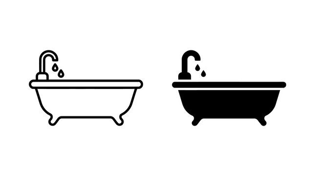 Bathtub icons with dripping faucet for bathroom interior and plumbing graphic resources.