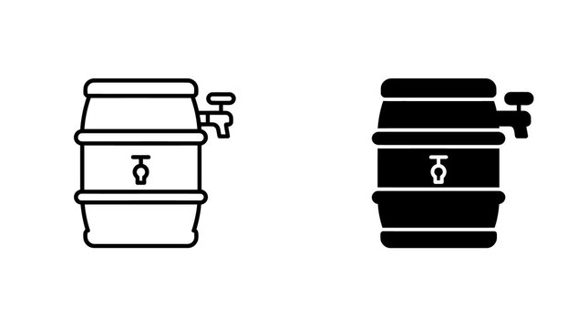 Wooden barrel icon set with tap spout in line and solid black styles for winery or craft brewery branding projects.