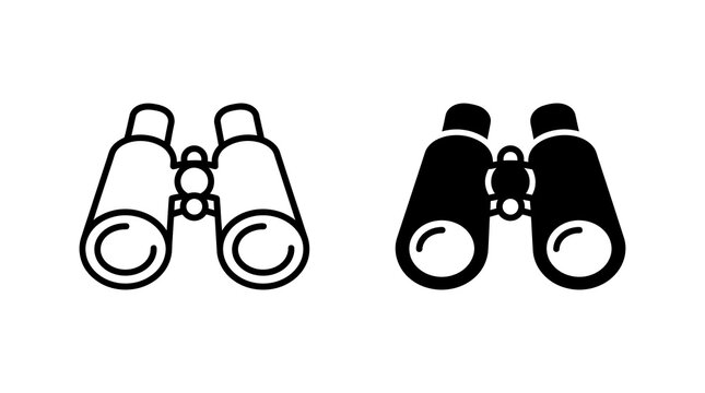 Binoculars icon in outline and solid styles for outdoor observation and wildlife exploration.