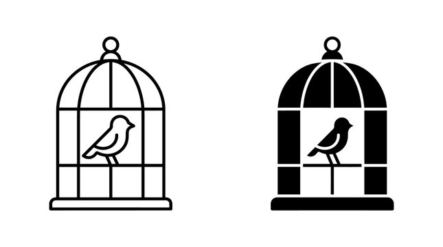 Bird cage icon set with internal perch and pet avian housing in line and solid black styles.