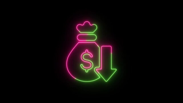 Abstract neon money bag with dollar symbol and downward financial trend arrow