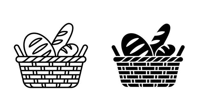 Bread basket icons with various loaves featuring outline and solid black designs for bakery and food businesses.