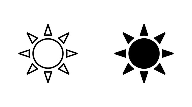 Sun weather icons featuring radiant outline and solid black circle designs for climate or energy applications.