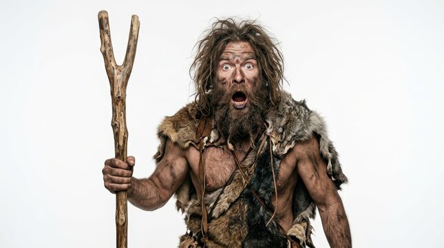 Shocked Caveman Character Wearing Animal Skins and Holding a Wooden Staff Isolated on White Background for Prehistoric Concept