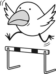 Fototapeta premium A small cartoon bird energetically leaps over a hurdle in a lively athletic scene