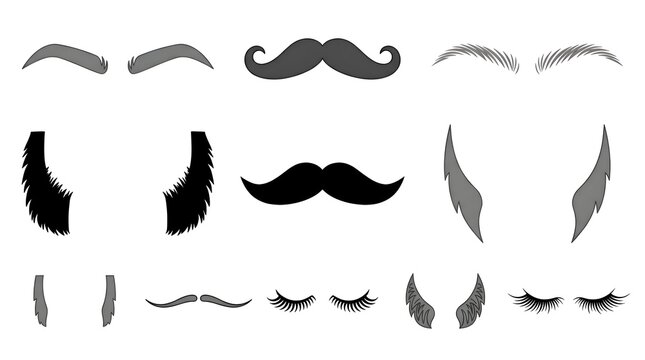 Various Mustache and Eyebrow Vector Illustration Set, Diverse Facial Hair Styles and Eyelashes in Black and Grey on White Background