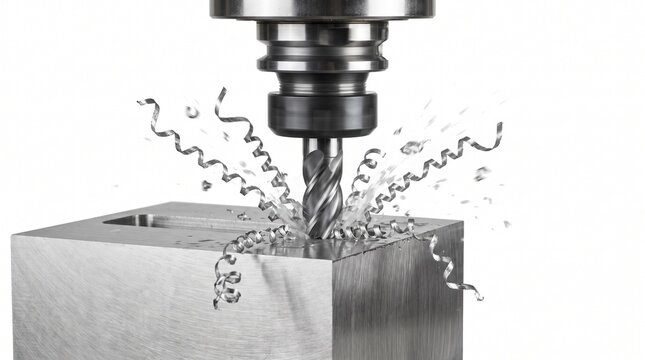 Precision machining process with high-tech CNC milling machine creating sparks while shaping metal isolated on white background
