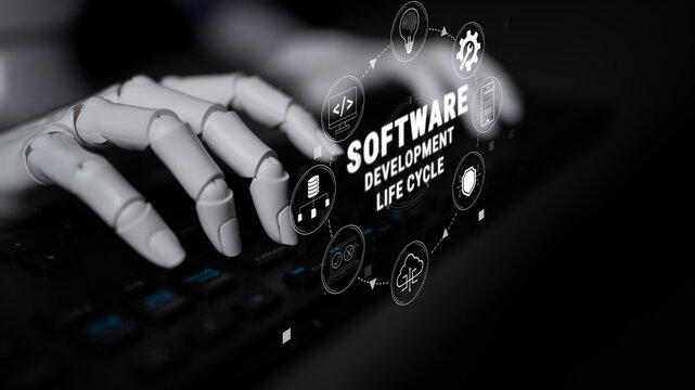 Robotic Hand Typing on Keyboard Representing Software Development Life Cycle with Icons Symbolizing Different Stages of Development Process Quark.