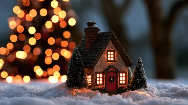 Miniature house glowing in snow with blurred holiday lights