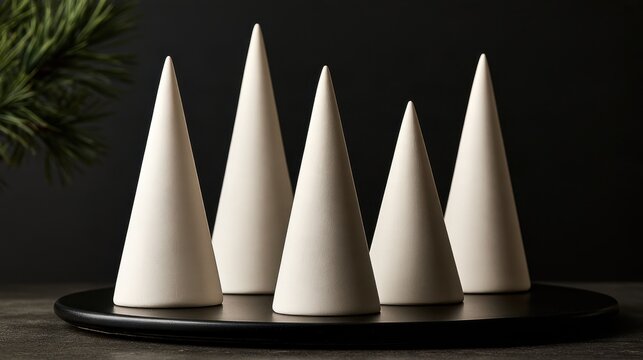 Porcelain cone tree sculptures arranged on black platter