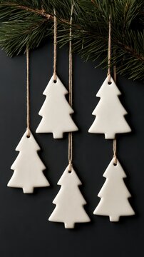 Ceramic tree ornaments hanging from pine branch on backdrop