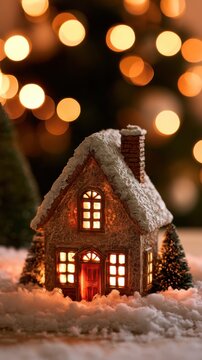 Tiny lit cottage nestled in snow with blurred lights