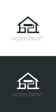Minimalist home paint logo design, house silhouette with paint roller icon, professional residential renovation and interior painting service branding vector