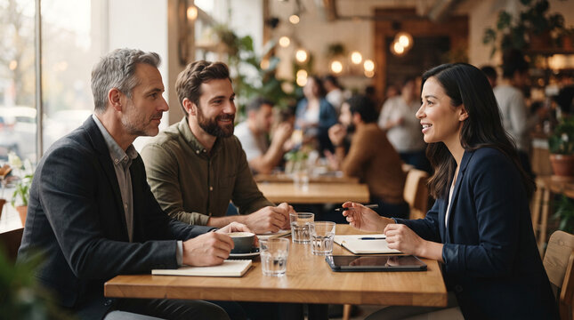 Business professionals discussing strategy over coffee in a modern cafe