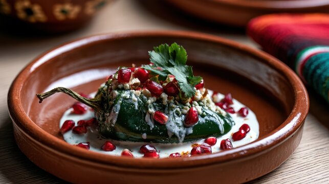 Poblano pepper topped with pomegranate and cream in clay dish