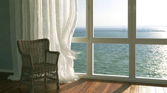 Wicker chair beside large window with billowing sheer curtains and sunlit sea view for coastal interior background and banner design