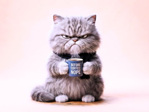 Grumpy Fluffy Cat Holding Coffee Mug with Text Before Coffee Nope