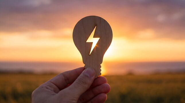 Sustainable energy concept with wooden light bulb silhouette, hand holding lightning bolt icon against sunset, renewable green power solution