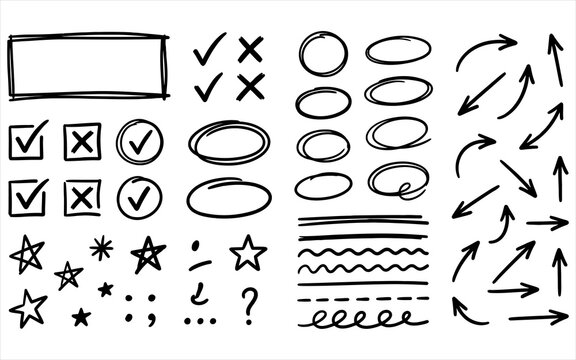 Black ink hand drawn doodle symbols set featuring checkboxes circles arrows and stars on white background.