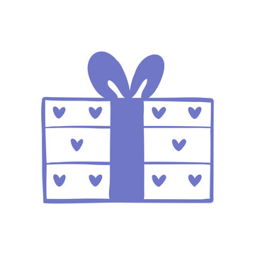 Hand-drawn vector clip art of a gift box with hearts pattern. Line art illustration for romantic packaging, holiday greeting cards, prints, or stickers. Outline present drawing.