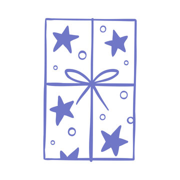 Minimalist hand-drawn line illustration of a gift box with star pattern. Vector clip art for holiday greeting cards, birthday packaging, christmas prints, or web.