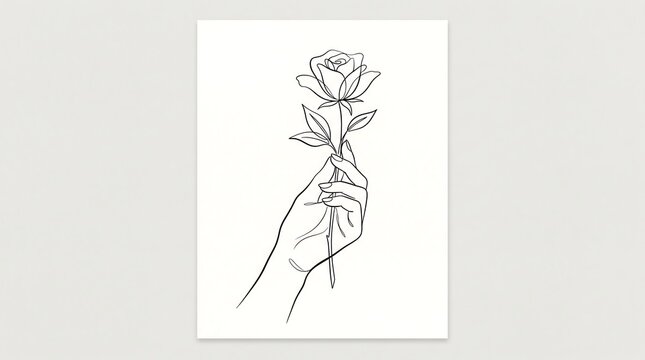 Minimalist line art of hand holding a rose flower, elegant continuous line drawing on white paper, botanical wall art poster for modern home decor