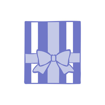 Stylized hand-drawn clip art of a gift box with striped pattern. Vector line illustration for holiday greeting cards, birthday packaging, prints, or web. Outline drawing of a present box.