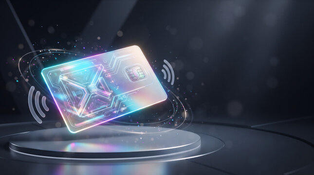 A smart card with integrated circuitry floats above a pedestal in a darkened futuristic setting accesscard chipcard communication