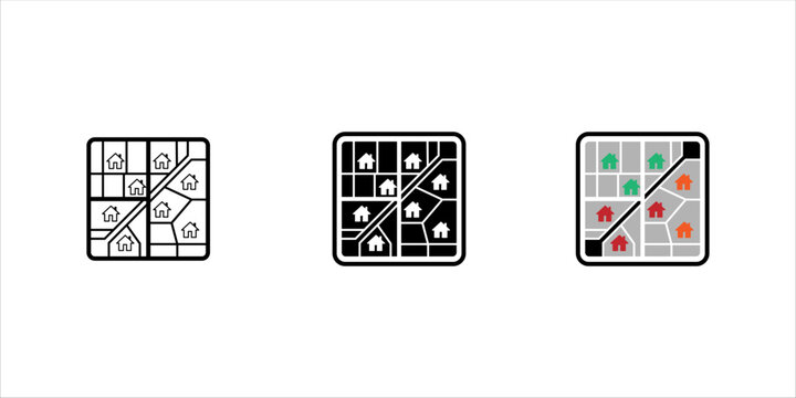 Minimal black and white line icon of a neighborhood map with multiple houses and connecting streets, representing residential areas, property locations, urban planning, real estate, and community mapp