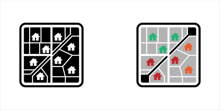 Minimal black and white line icon of a neighborhood map with multiple houses and connecting streets, representing residential areas, property locations, urban planning, real estate, and community mapp