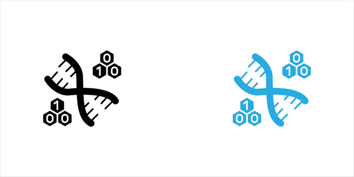 Minimal black line icon of a DNA double helix with genetic symbols, representing genetics, biotechnology, molecular biology, scientific research, and genetic engineering.