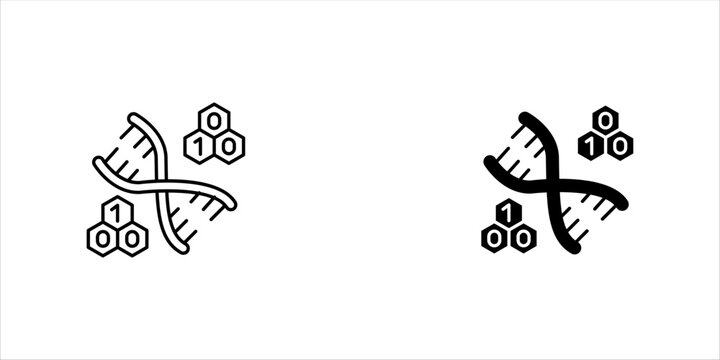 Minimal black line icon of a DNA double helix with genetic symbols, representing genetics, biotechnology, molecular biology, scientific research, and genetic engineering.