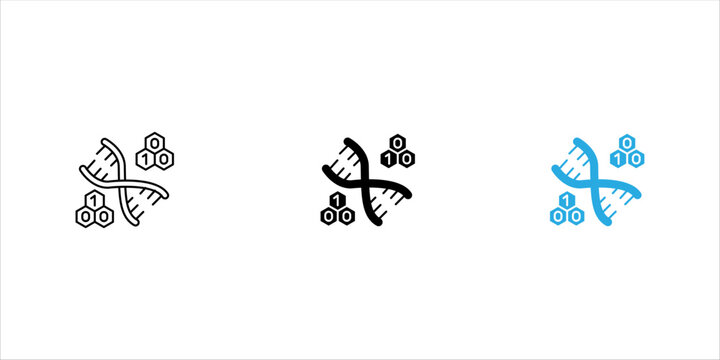 Minimal black line icon of a DNA double helix with genetic symbols, representing genetics, biotechnology, molecular biology, scientific research, and genetic engineering.