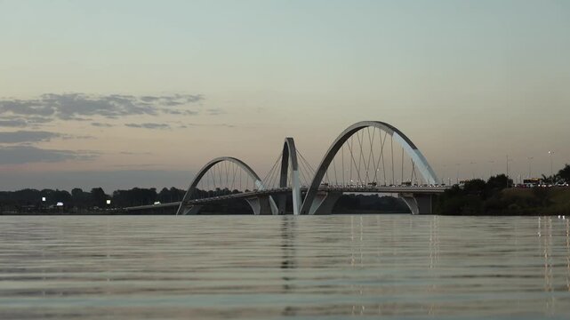 Juscelino Kubitschek Bridge (Ponte JK) from across Lake Paranoa during sunset, Brasilia, Brazil