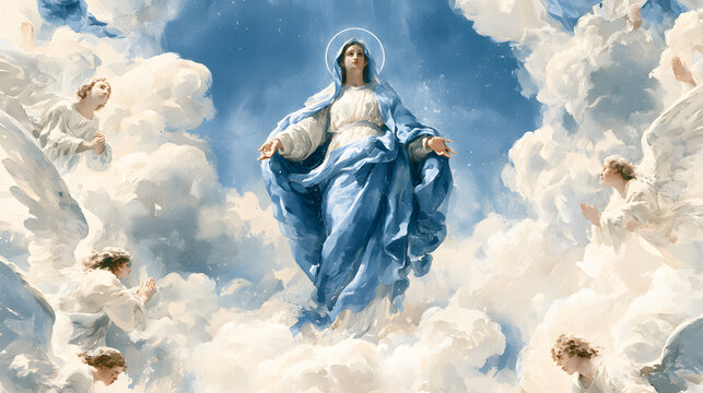 Watercolor painting of virgin mary with angels in heaven religious art illustration