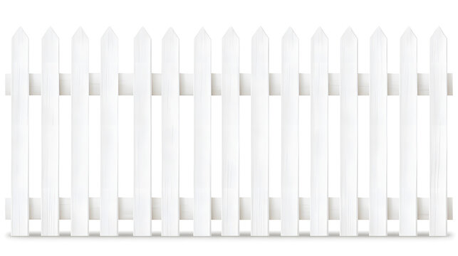 White wooden picket fence seamless plank barrier for farm, park, backyard, frontward, garden, country field and palisade, isolated on white background
