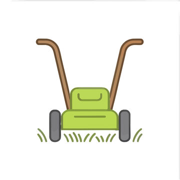 Green lawn mower with brown handles and gray wheels
