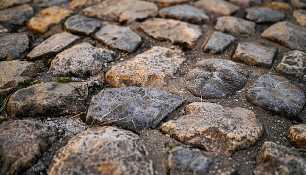 Close-up view of weathered cobblestone pavement with intricate textures and natural patterns highlighting the beauty of rustic surfaces