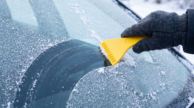 Hand in Glove Using a Yellow Plastic Scraper to Clear Ice from a Frozen Car Windshield in Winter